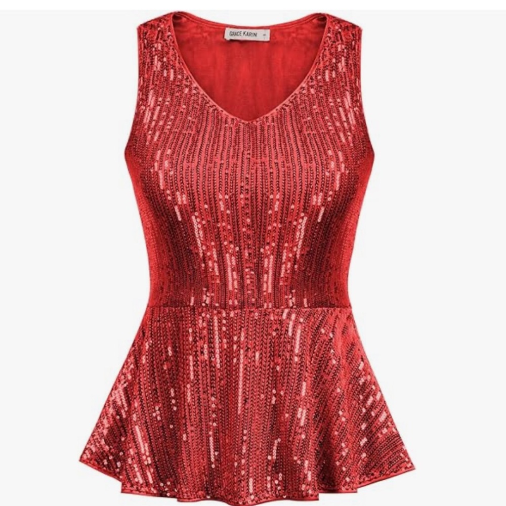 NWT Grace Karin Red Sequined Sleeveless V-Neck Peplum Top, Women’s Large
